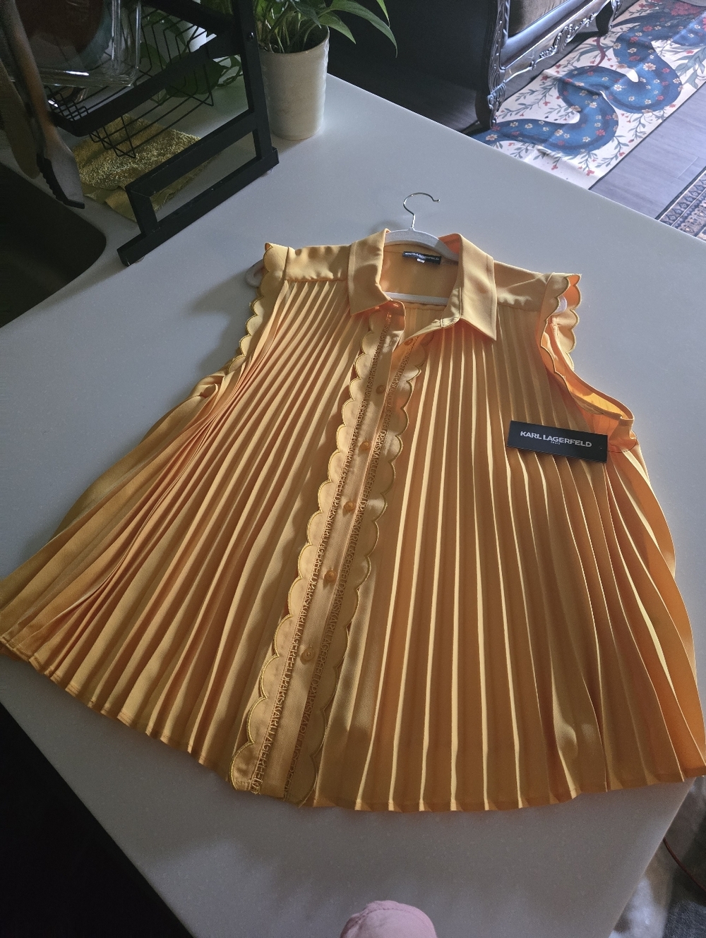 Karl Lagerfeld Pleated Sleeveless Blouse in Golden Yellow